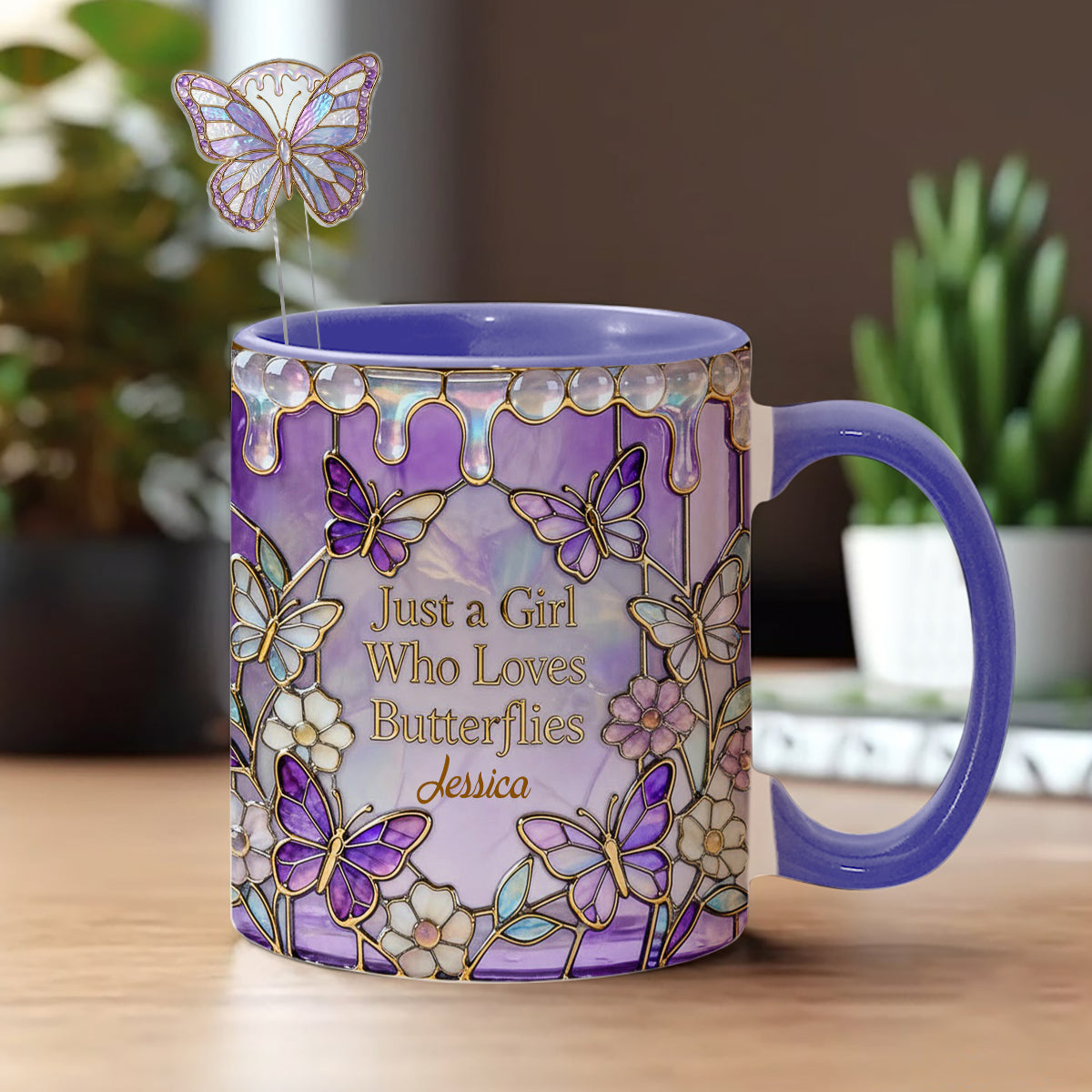 Einfach ein Mädchen, das Schmetterlinge liebt – Personalisierter Schmetterlings-Set-Becher mit Acryl-Rührstäbchen
