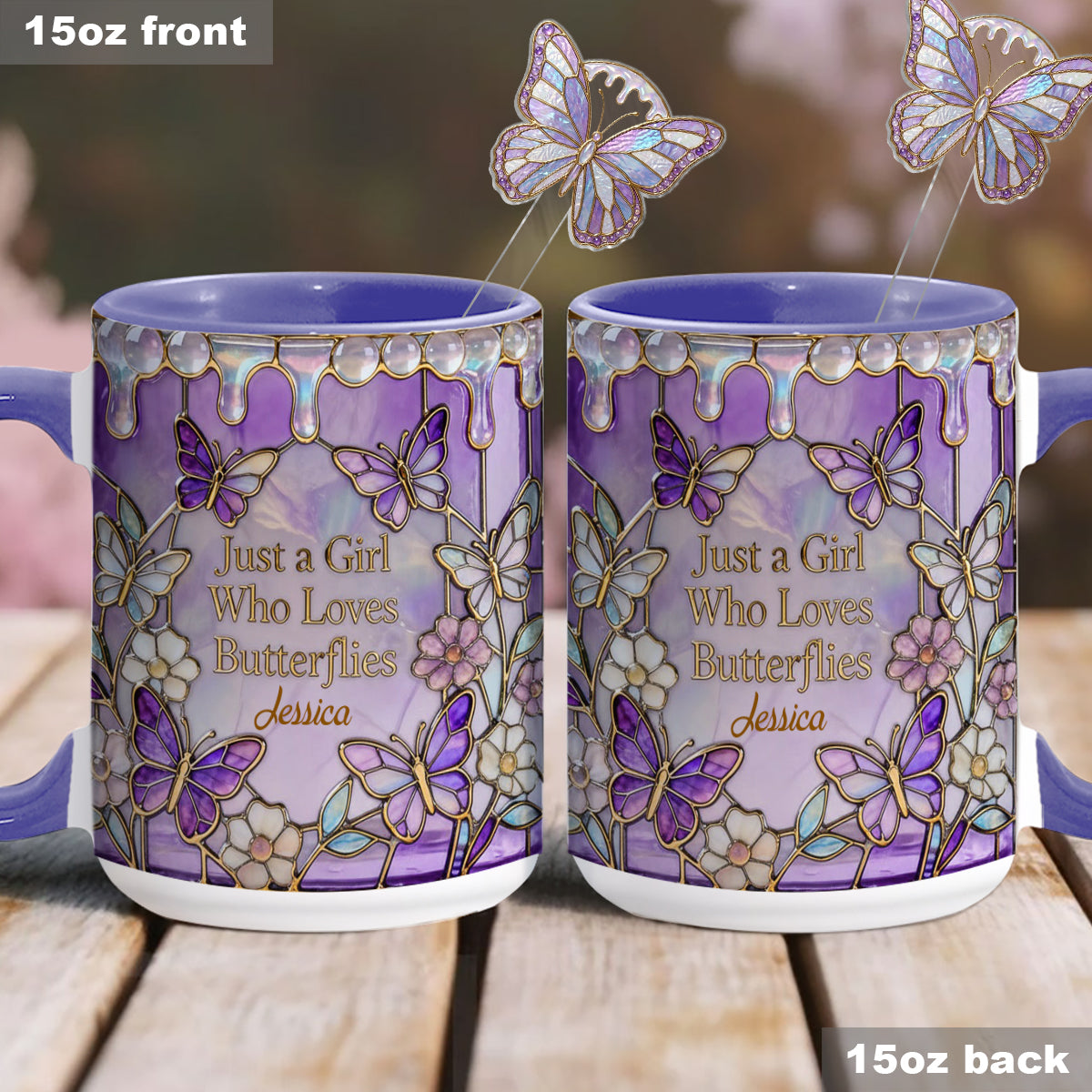 Einfach ein Mädchen, das Schmetterlinge liebt – Personalisierter Schmetterlings-Set-Becher mit Acryl-Rührstäbchen