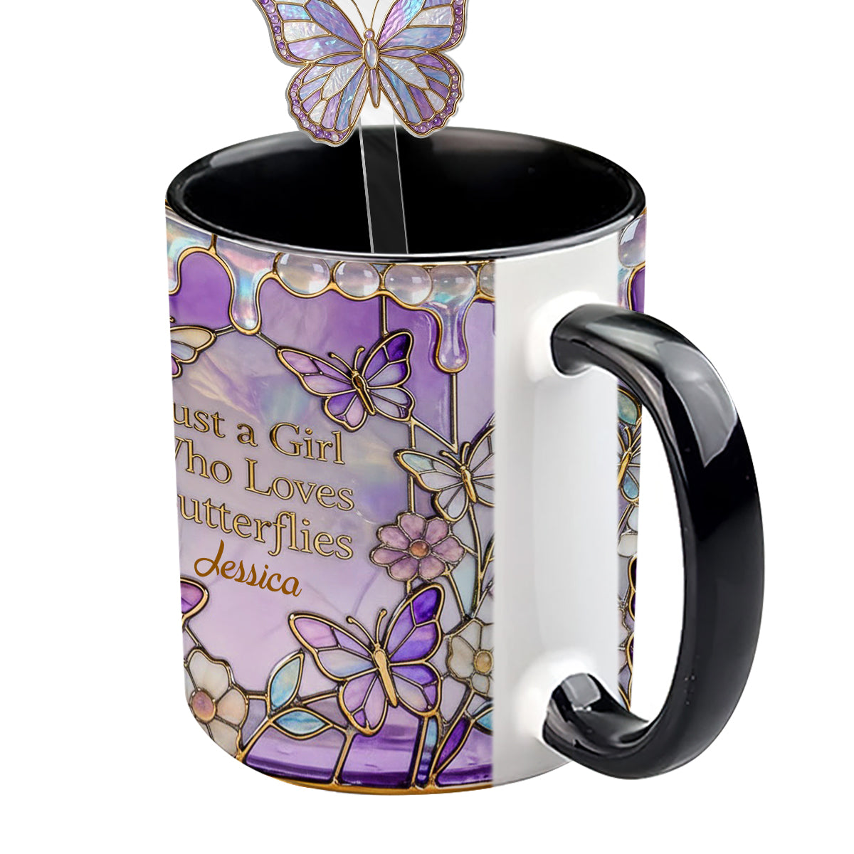 Einfach ein Mädchen, das Schmetterlinge liebt – Personalisierter Schmetterlings-Set-Becher mit Acryl-Rührstäbchen