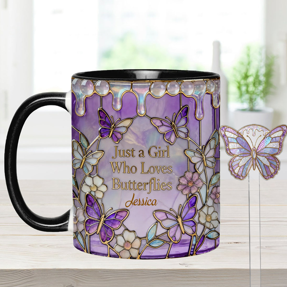 Einfach ein Mädchen, das Schmetterlinge liebt – Personalisierter Schmetterlings-Set-Becher mit Acryl-Rührstäbchen