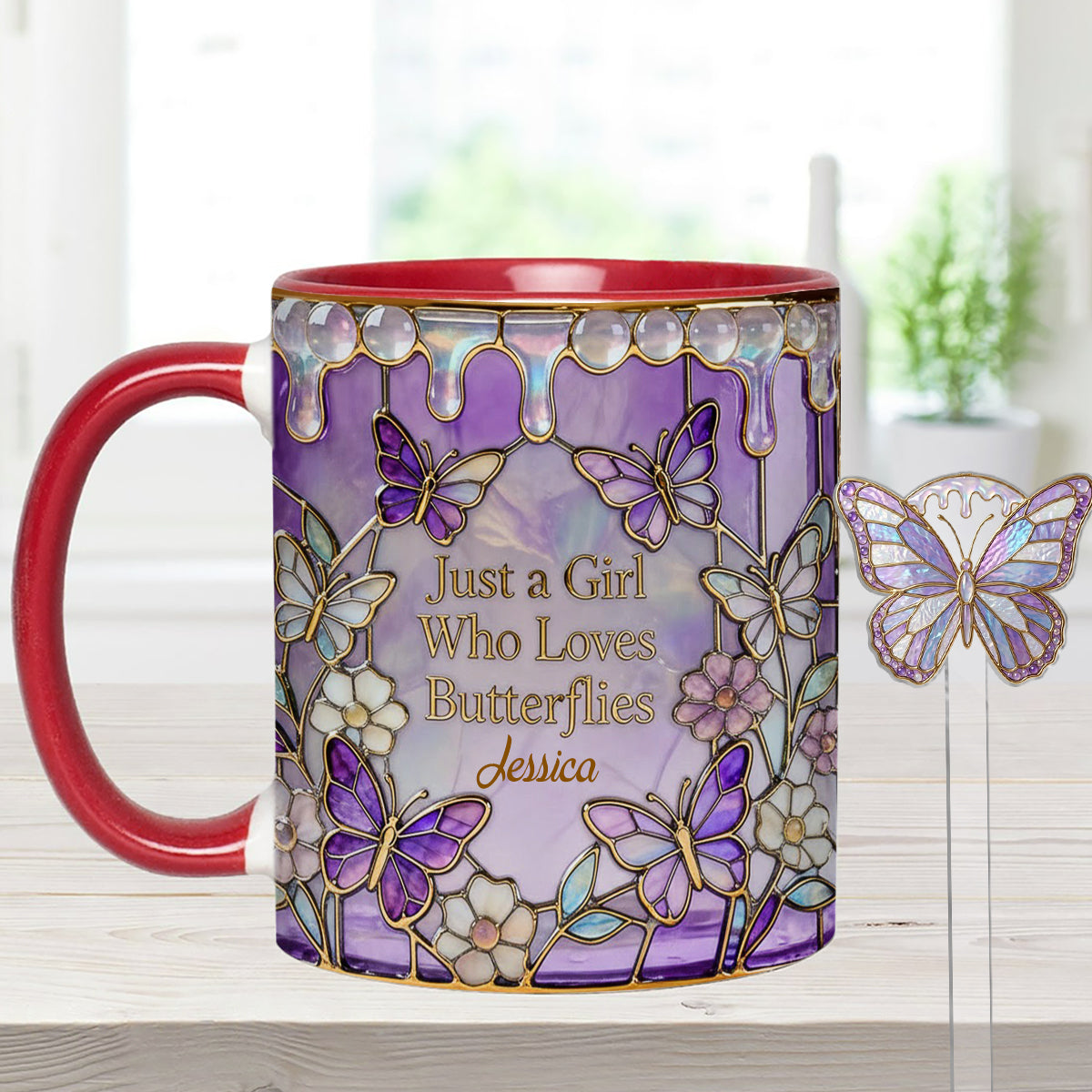Einfach ein Mädchen, das Schmetterlinge liebt – Personalisierter Schmetterlings-Set-Becher mit Acryl-Rührstäbchen