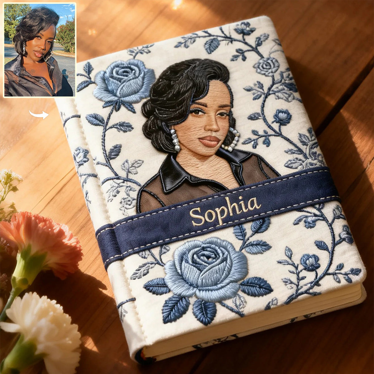 Journal en cuir personnalisé avec photo et fleur du mois de naissance - Carnet de notes sur l'amour de soi