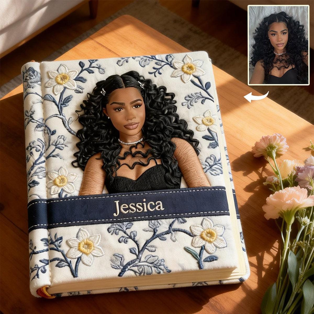 Journal en cuir personnalisé avec photo et fleur du mois de naissance - Carnet de notes sur l'amour de soi