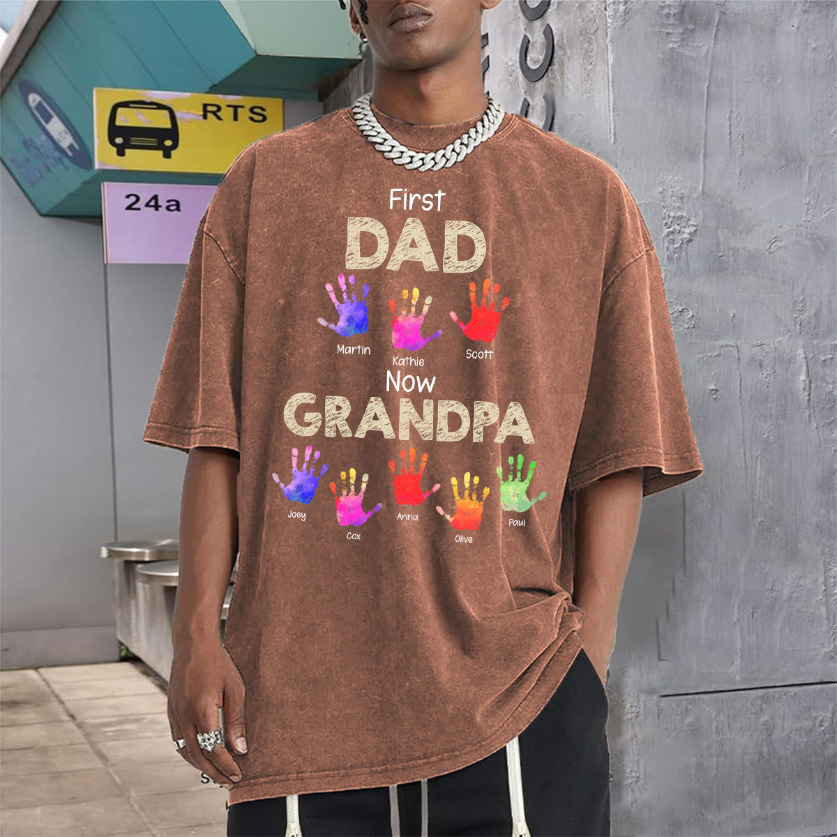 First Dad Now Grandpa Handprints - Personalized Grandpa Wash T-Shirt