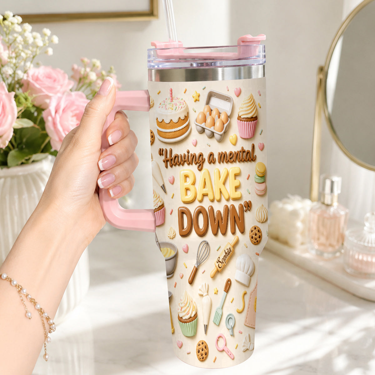 Having A Mental Bake Down - Personalized Baking Tumbler With Plush Charm