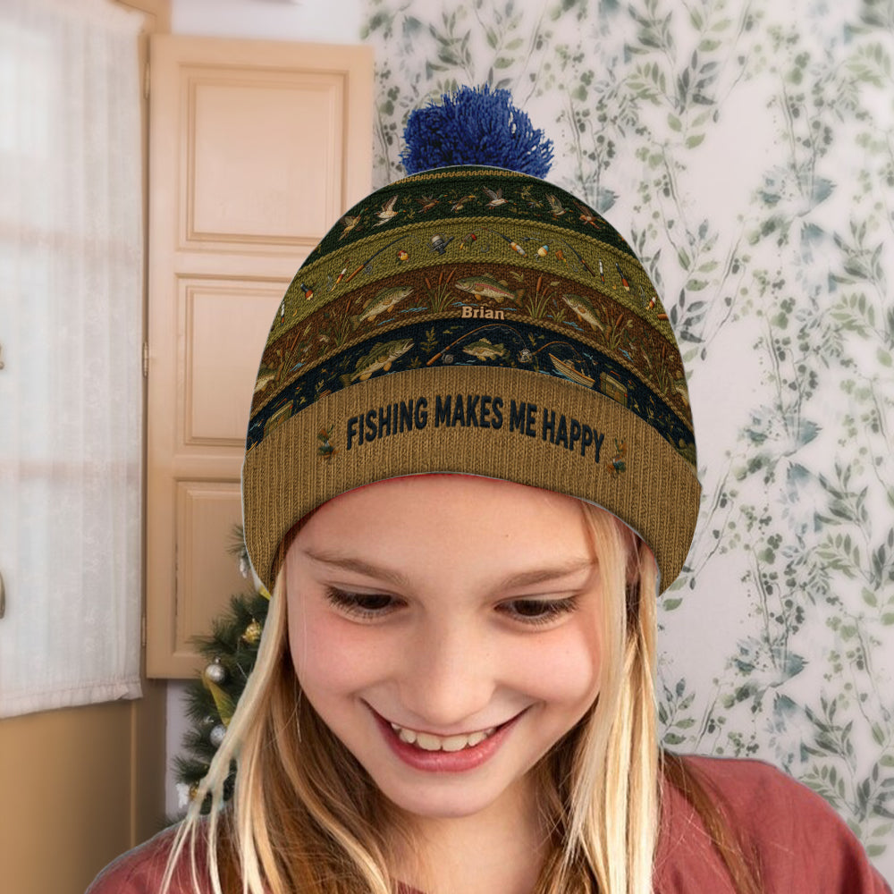 Fishing Makes Me Happy - Personalized Fishing Beanie Hat