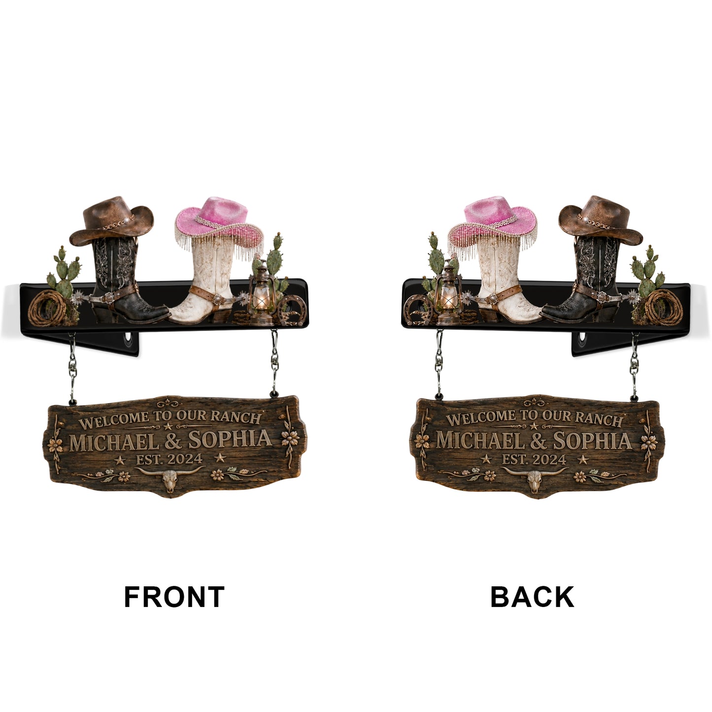 Cowboy Cowgirl Paar - Personalisierte Western Outfit Holz Wandmontage Schild