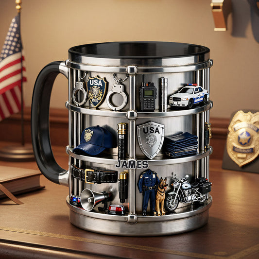 Dienen und Schützen – Personalisierte Tasse und Untersetzer mit Polizeimotiv