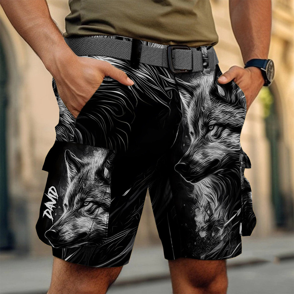 Strong Wolf - Short cargo personnalisé avec ceinture