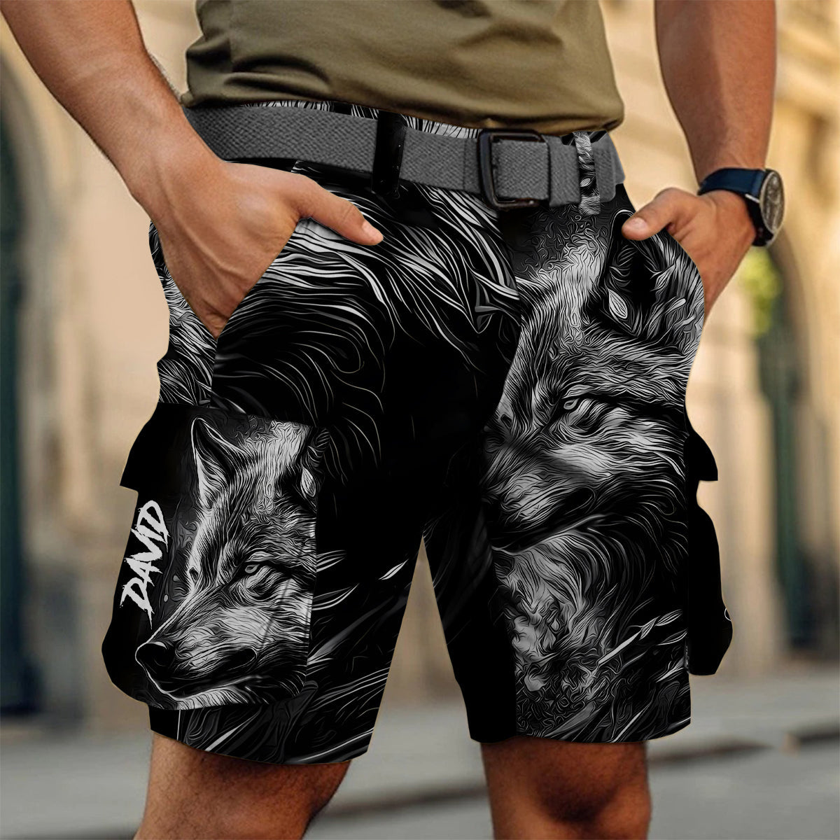 Strong Wolf - Short cargo personnalisé avec ceinture