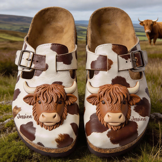 Sabots Love Cow personnalisés en forme de vache des Highlands avec soutien de la voûte plantaire