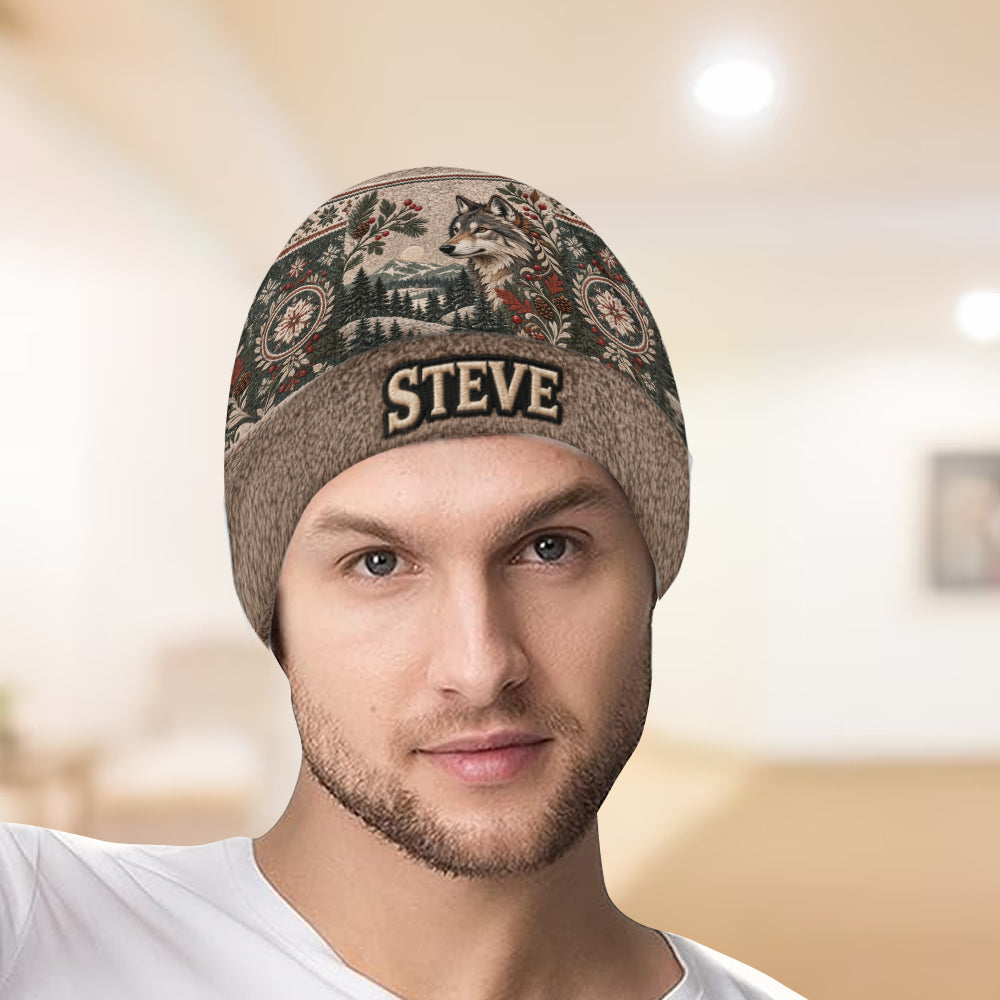 Snowy Forest - Personalized Wolf Beanie Hat