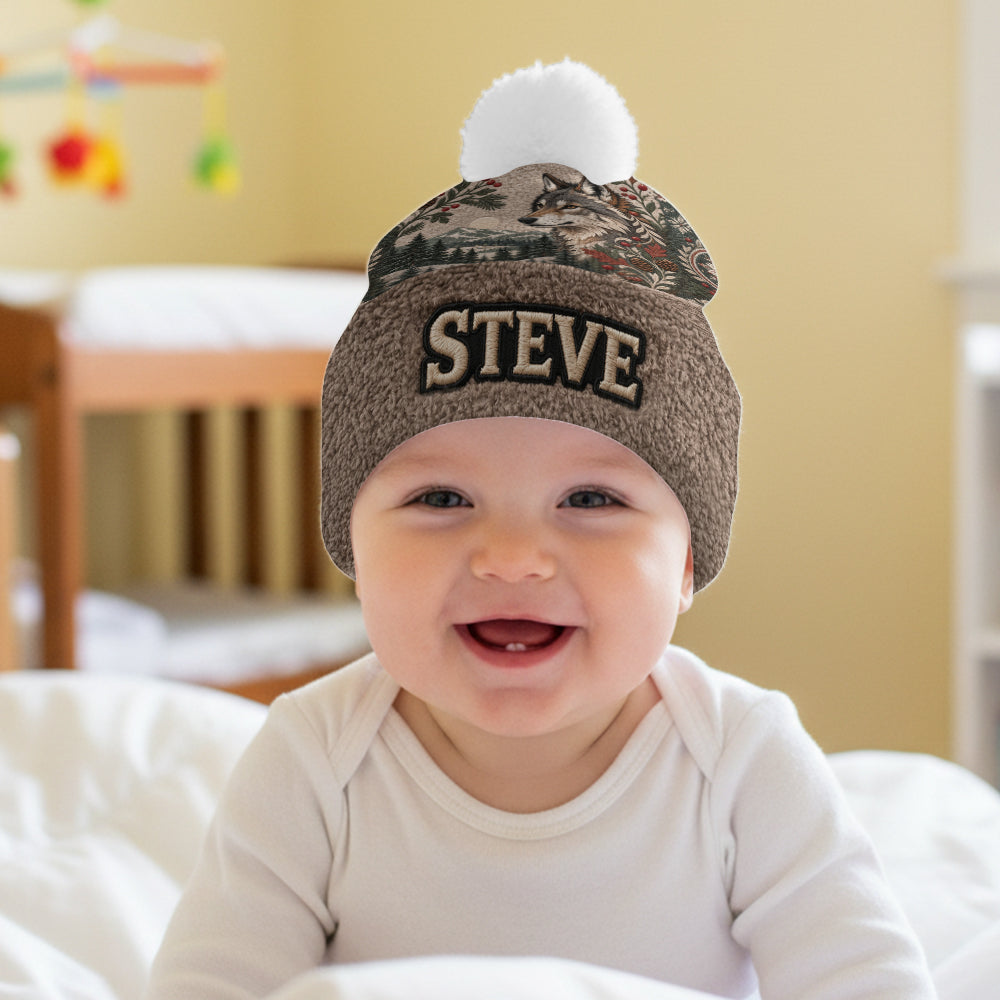 Snowy Forest - Personalized Wolf Beanie Hat