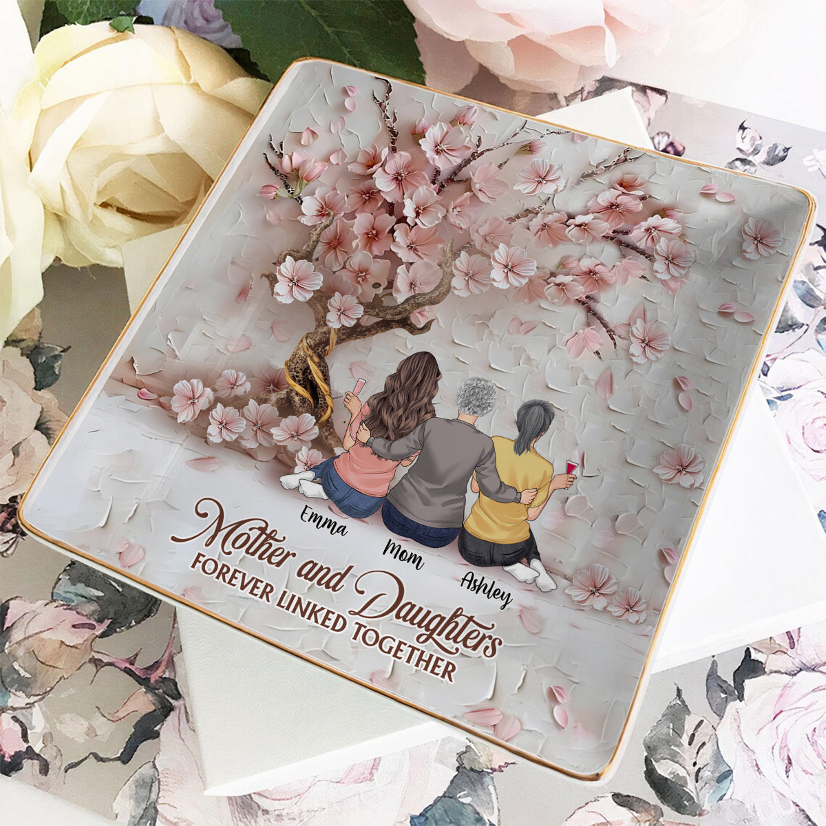 Mother And Daughters Forever Linked Together - Personalized Mother Fully Printed Jewelry Dish