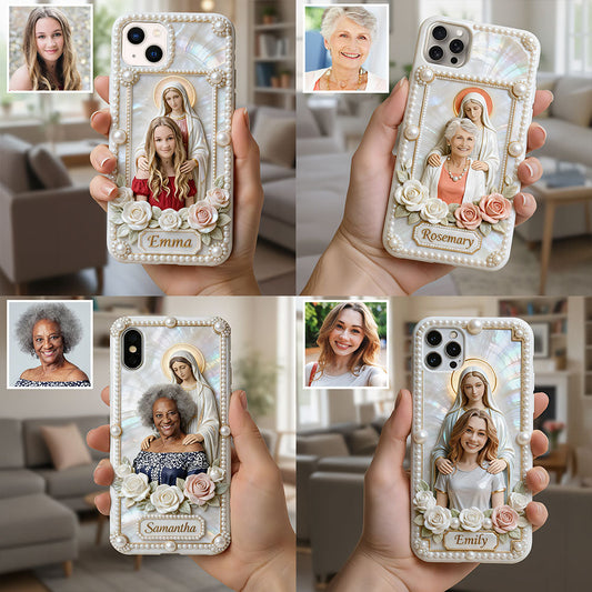 Personalisierte Handyhülle mit Motiv der Heiligen Jungfrau Maria nach Foto – Perlen & Rosen – Christlicher Volldruck