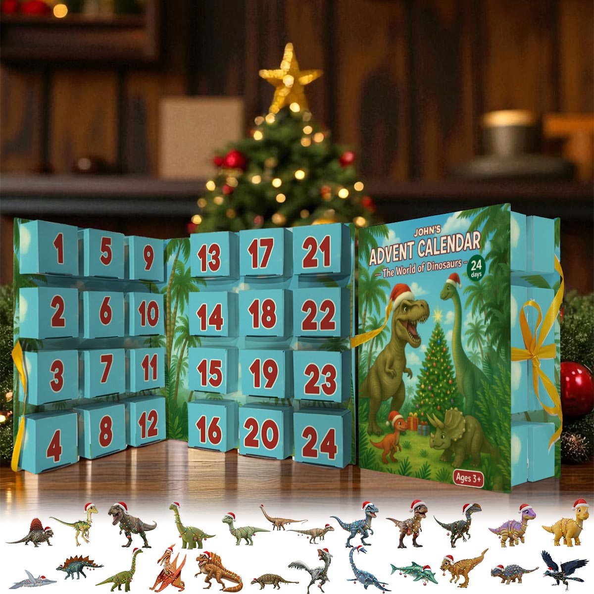 Dinosaurier-Adventskalender 2025 – Personalisierter Dinosaurier-Faltkalender mit Ornamenten