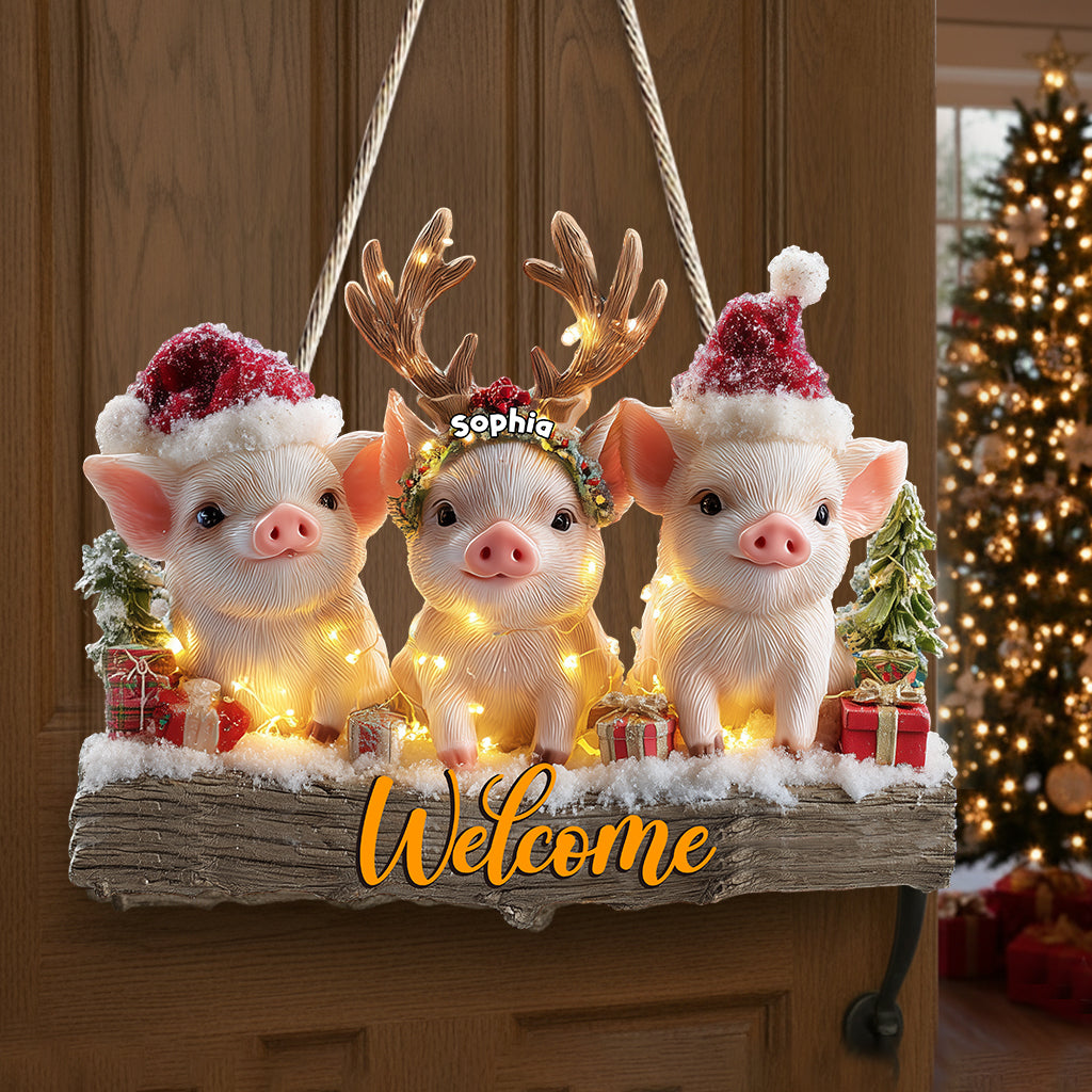 Weihnachten mit Ferkeln – Personalisiertes Holzschild für Schweineliebhaber in individueller Form