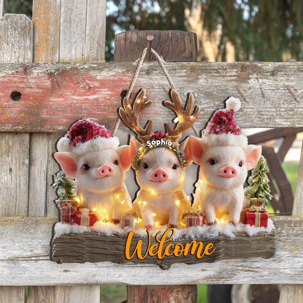 Weihnachten mit Ferkeln – Personalisiertes Holzschild für Schweineliebhaber in individueller Form