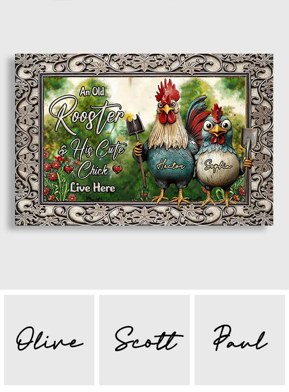 An Old Rooster & His Cute Chick Live Here - Personalized Chicken Doormat