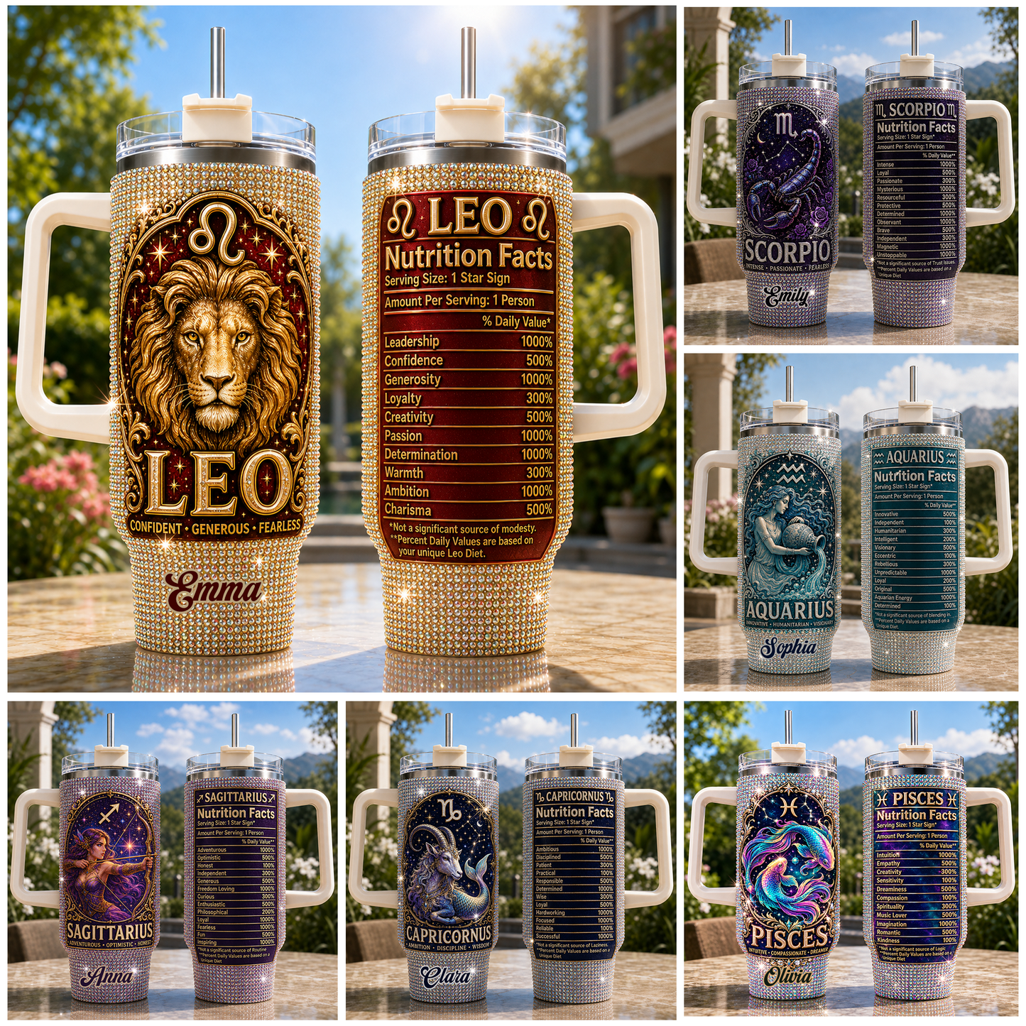 Ernährungsfakten für Sternzeichen - Personalisierter Horoskop-Rhinestone-Becher mit Griff