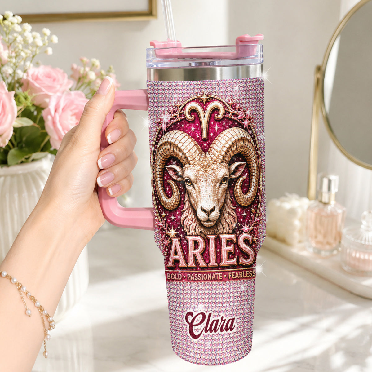 Ernährungsfakten für Sternzeichen - Personalisierter Horoskop-Rhinestone-Becher mit Griff