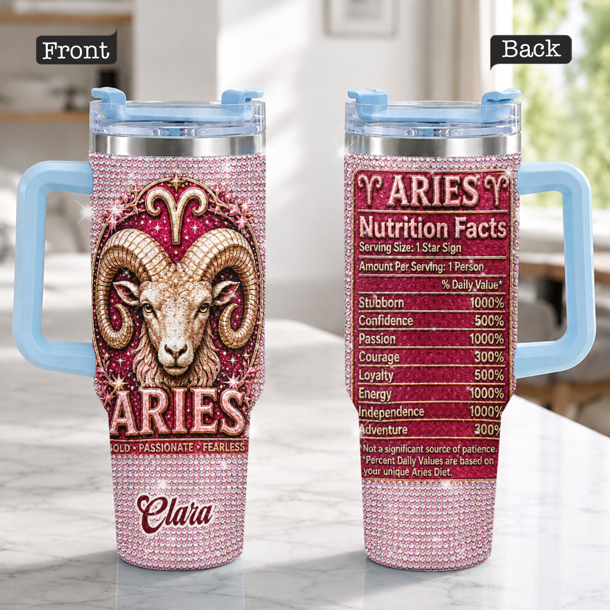 Ernährungsfakten für Sternzeichen - Personalisierter Horoskop-Rhinestone-Becher mit Griff