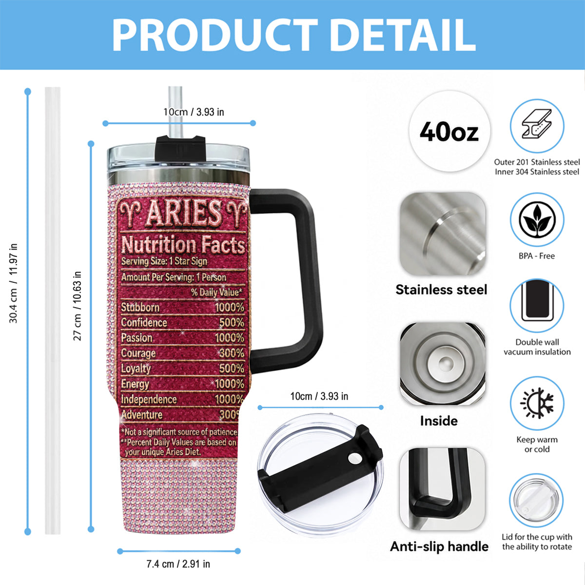 Ernährungsfakten für Sternzeichen - Personalisierter Horoskop-Rhinestone-Becher mit Griff