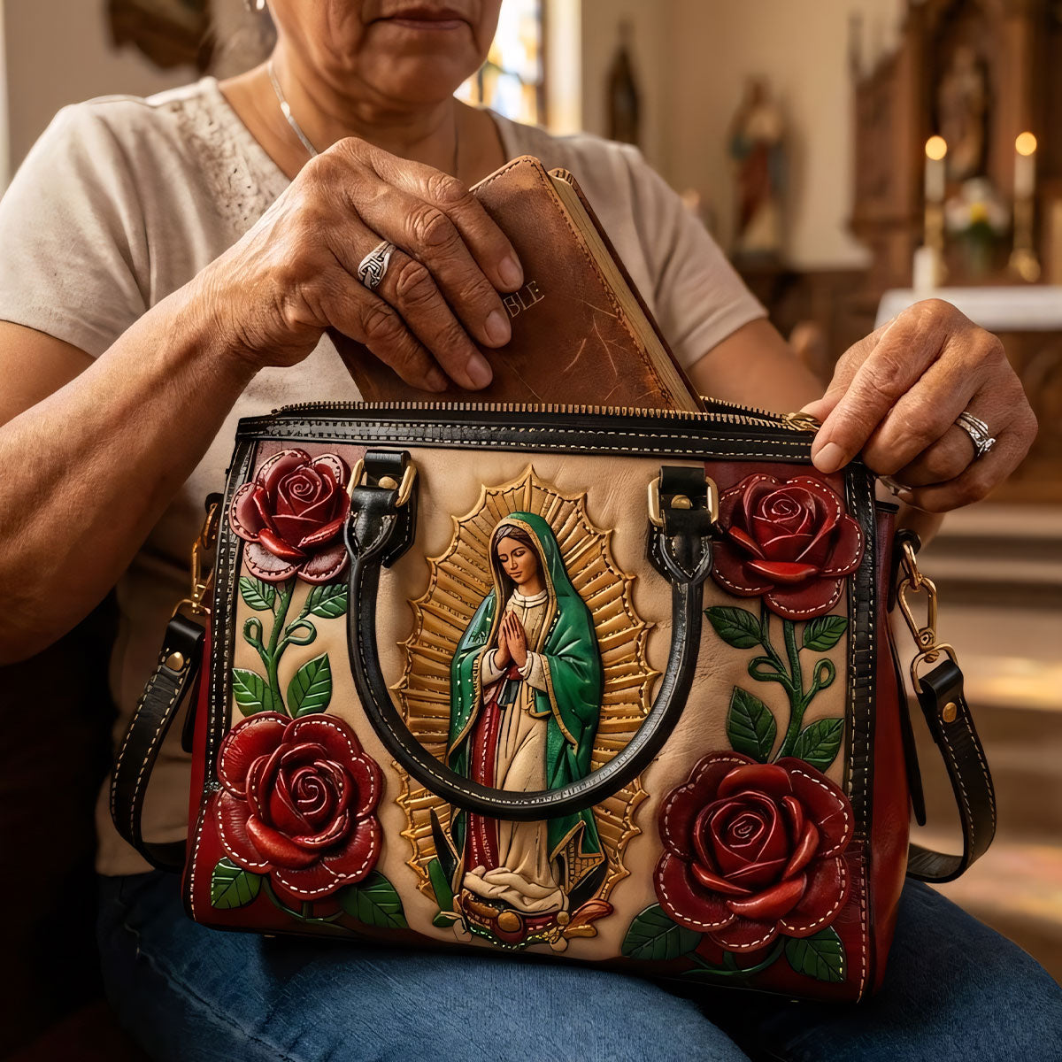 Sac à main chrétien personnalisé en cuir Notre-Dame de Guadalupe