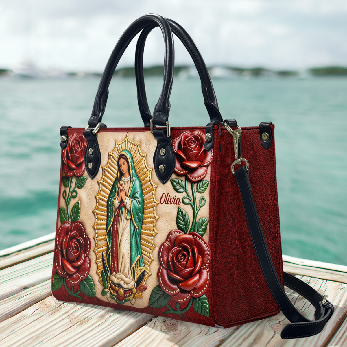 Sac à main chrétien personnalisé en cuir Notre-Dame de Guadalupe