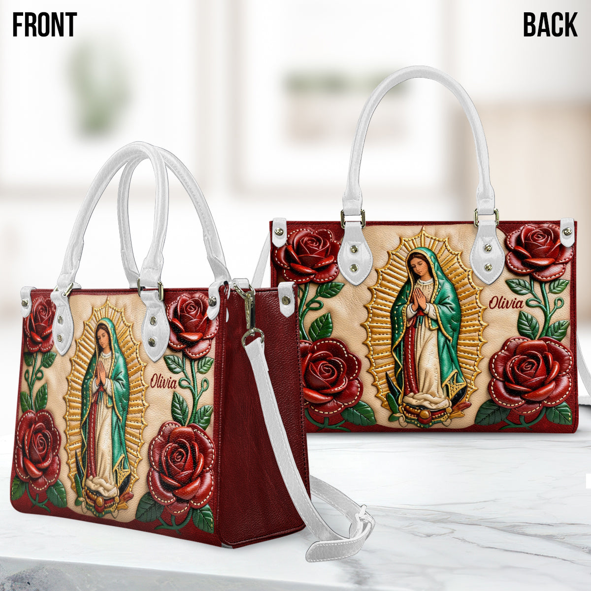 Sac à main chrétien personnalisé en cuir Notre-Dame de Guadalupe
