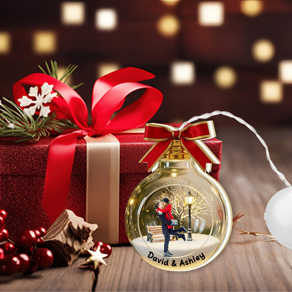 Custom Photo Gift For Holiday - Personalized Couple LED Light Ornament