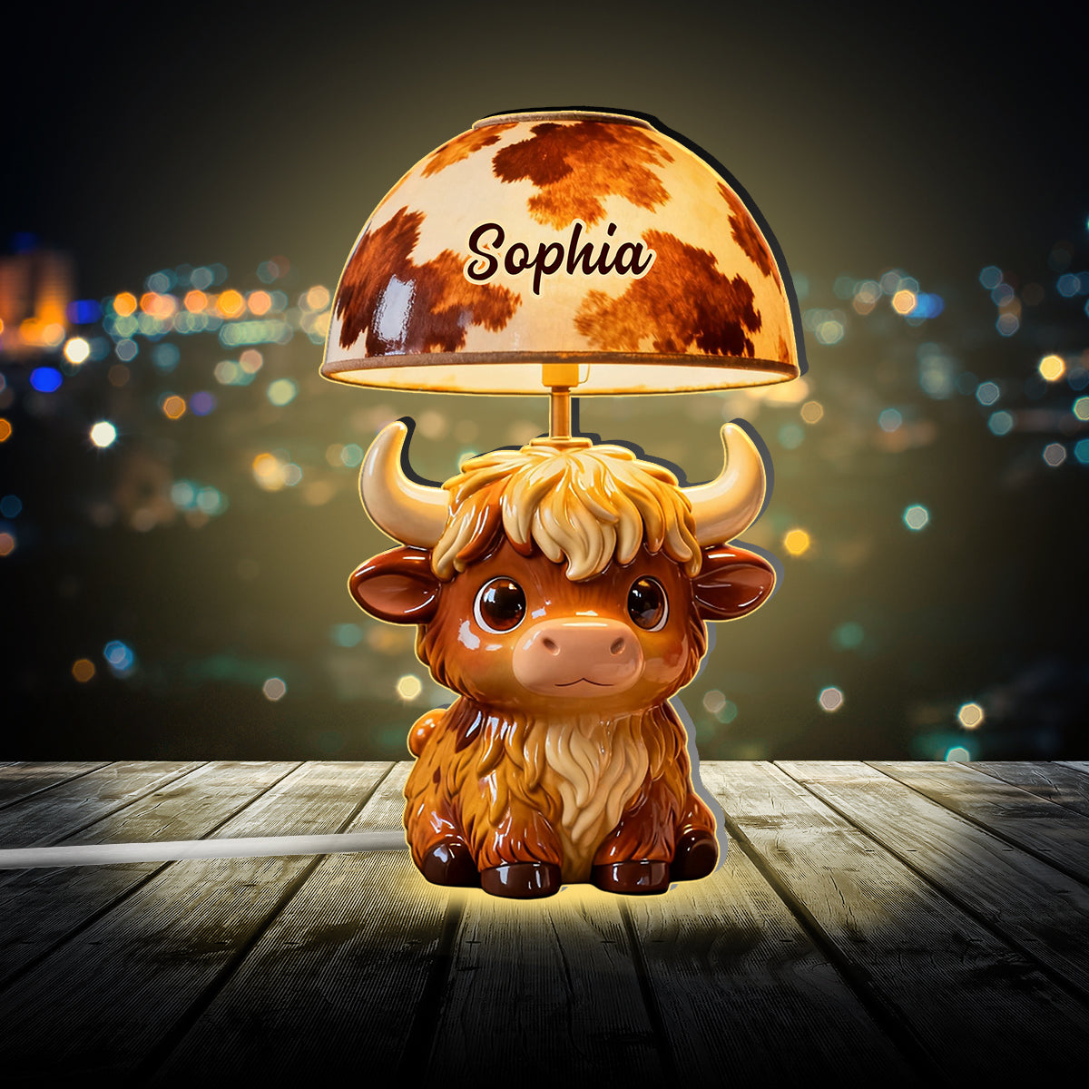 Veilleuse LED personnalisée en acrylique représentant une vache des Highlands - Adorables vaches des Highlands