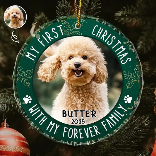 Mein erstes Weihnachten – Personalisierter runder Glasanhänger in Hundeform