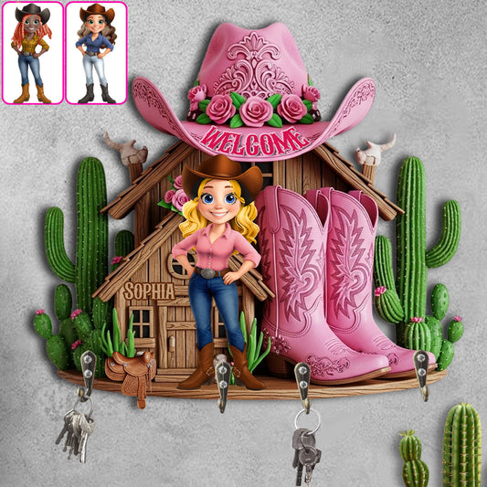 Willkommen im Cowgirl-Haus – Personalisierter Schlüsselhalter in Cowgirl-Form