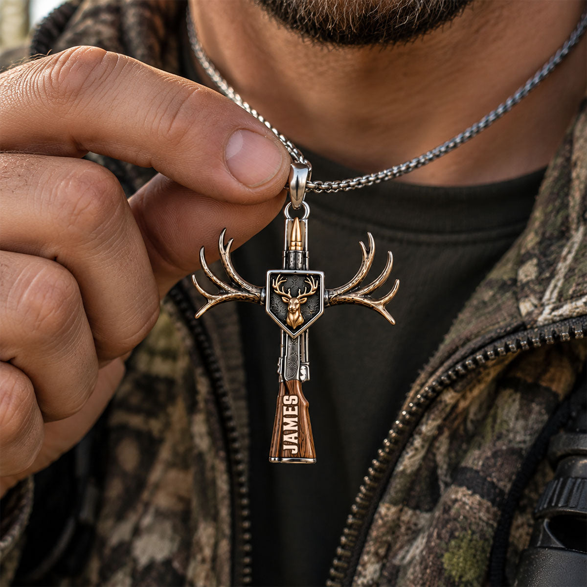 God Made A Hunter - Personalized Hunting Shaped Metal Pendant Necklace
