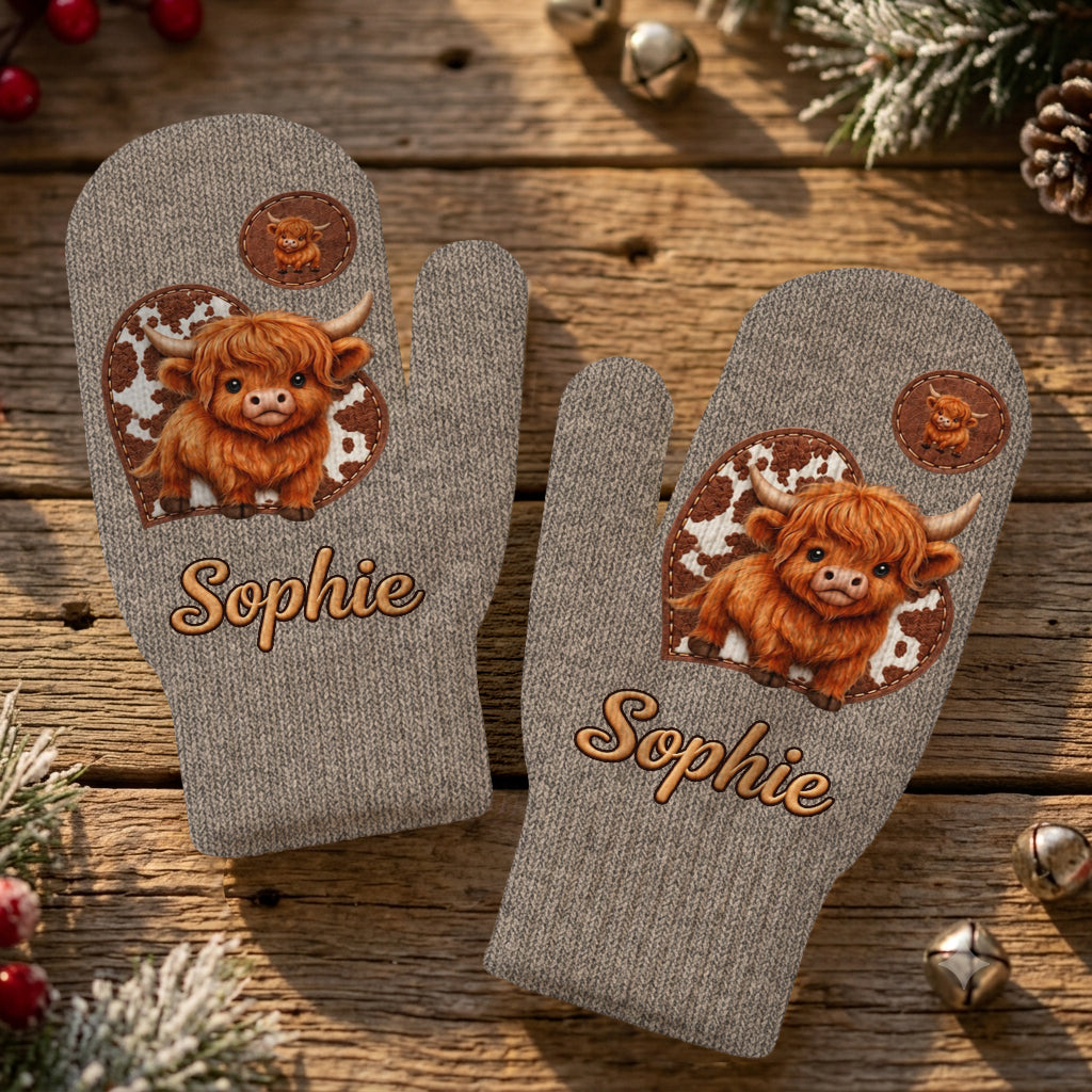 Cute Highland Cow - Personalized Highland Cow Beanie Hat & Knitted Mittens