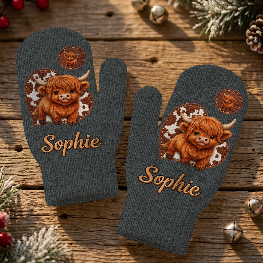 Cute Highland Cow - Personalized Highland Cow Beanie Hat & Knitted Mittens