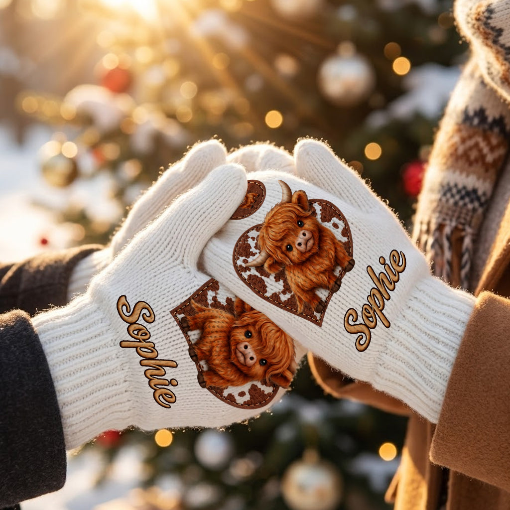 Cute Highland Cow - Personalized Highland Cow Beanie Hat & Knitted Mittens