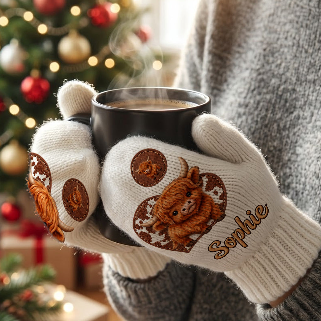 Cute Highland Cow - Personalized Highland Cow Beanie Hat & Knitted Mittens