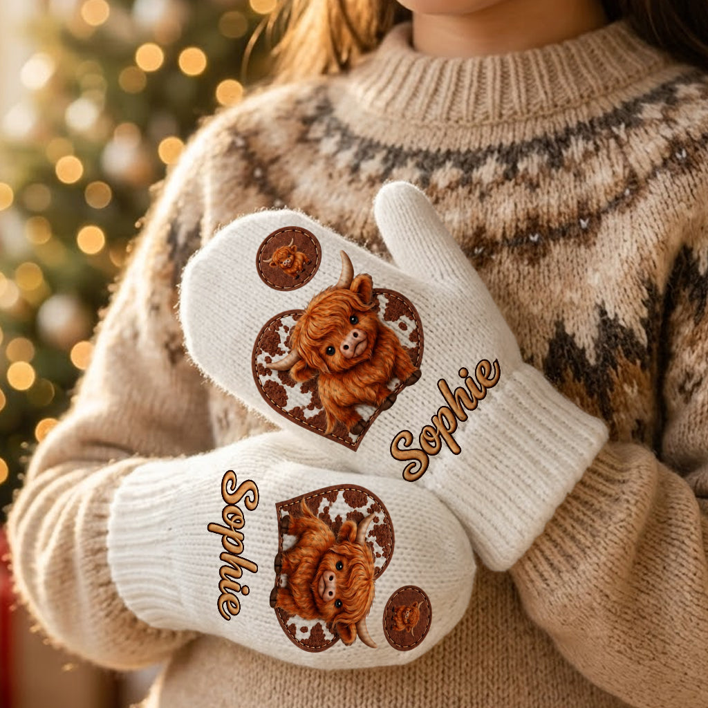 Cute Highland Cow - Personalized Highland Cow Beanie Hat & Knitted Mittens