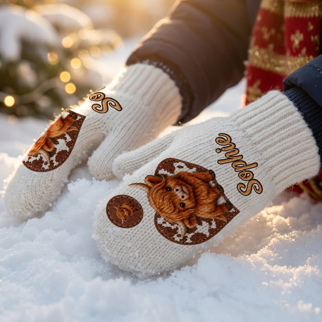 Cute Highland Cow - Personalized Highland Cow Beanie Hat & Knitted Mittens