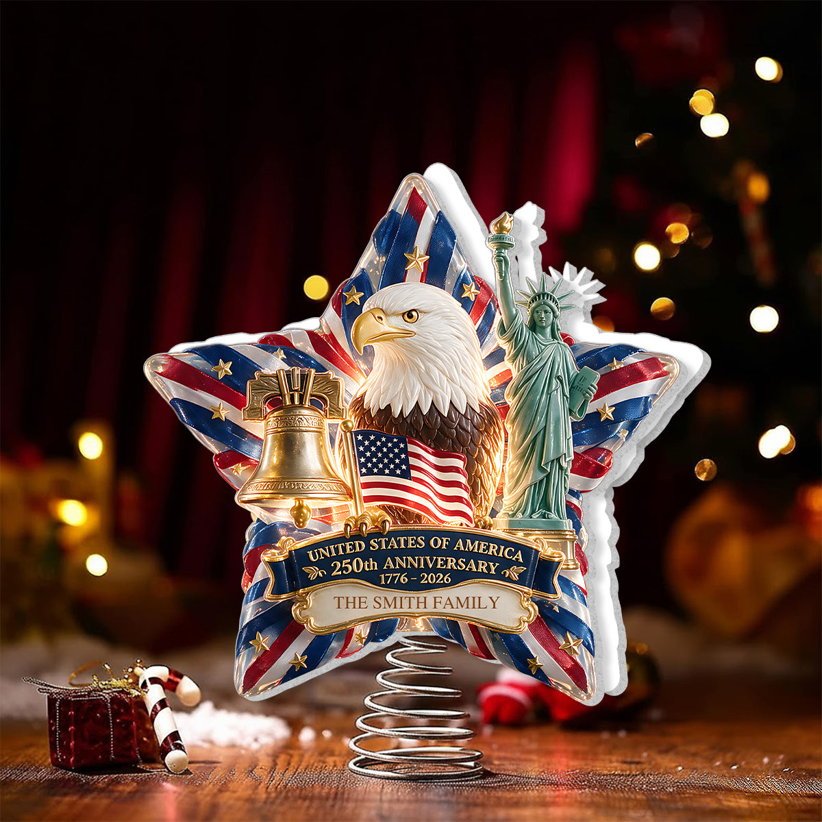 The 250th Christmas Of The USA - Personalized Patriot LED Light Tree Topper