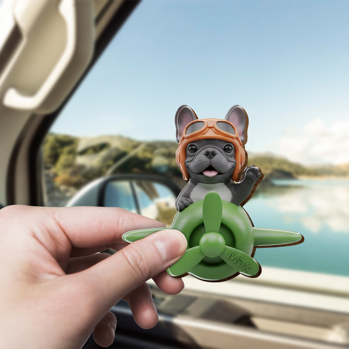 Clip de pare-soleil de voiture personnalisé en forme de chien avec photo d'avion en vol