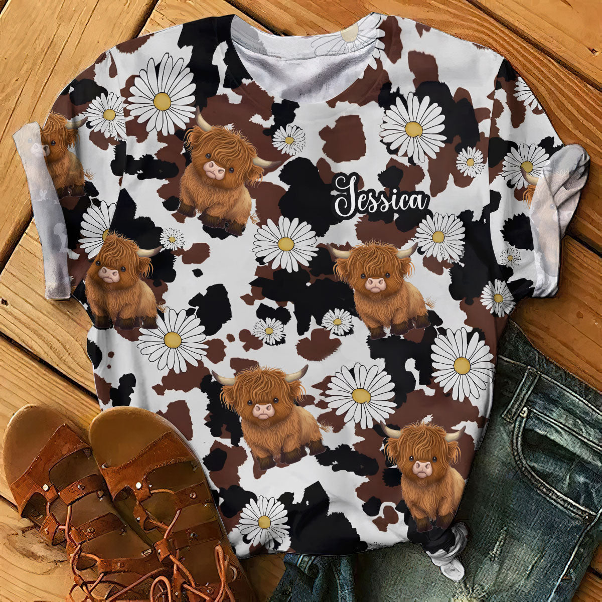 Liebe zum Hochlandrind - Personalisiertes T-Shirt mit Hochlandrind-Print