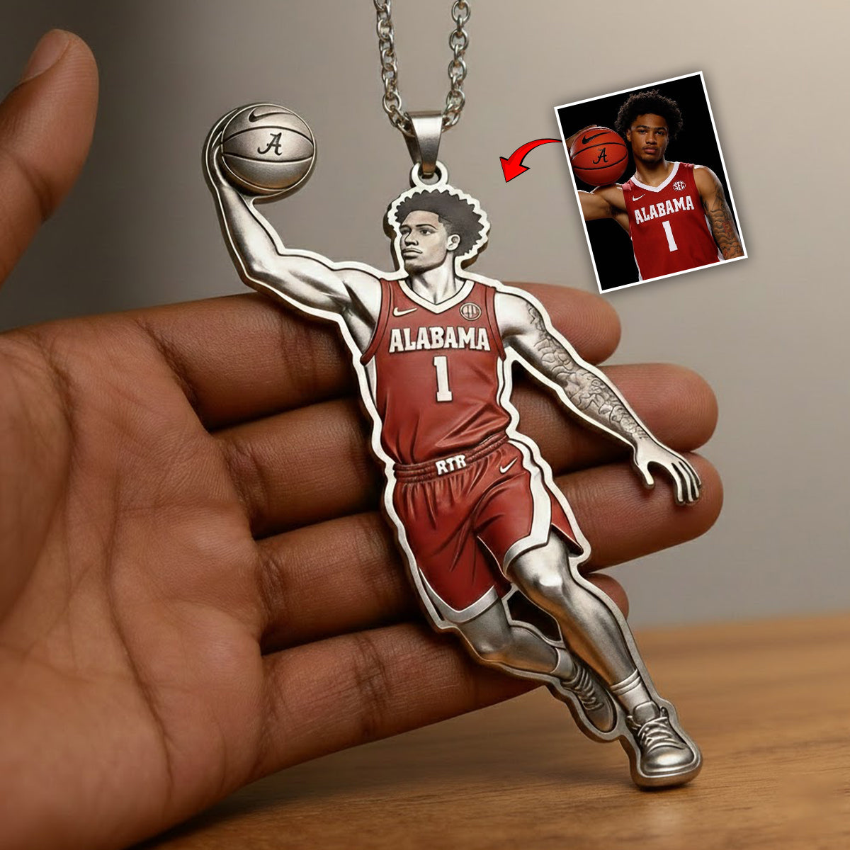 Custom From Any Photo - Personalized Basketball Shaped Metal Pendant Necklace