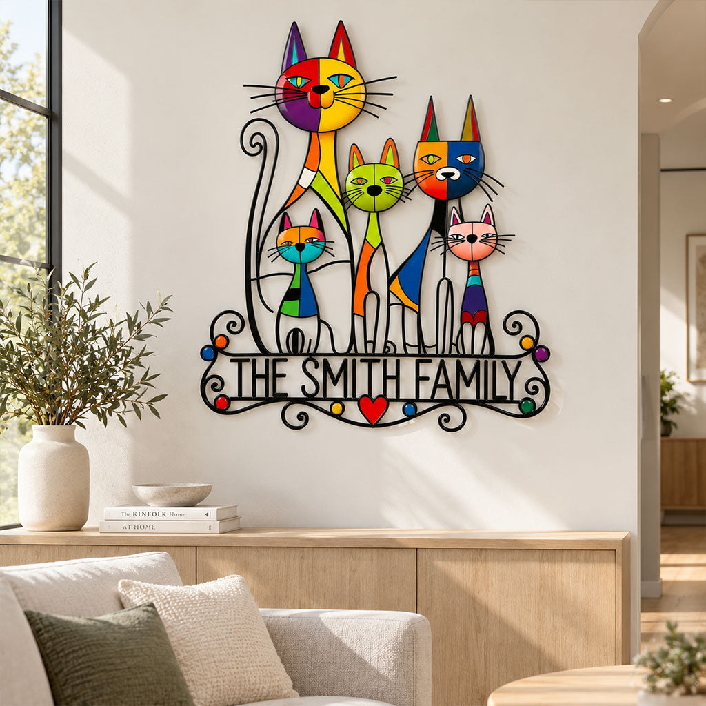 Picasso-Style Abstract Wrought Iron Cat Family Wall Art, Modern Minimalist Living Room Decor - Personalized Family Cut Metal Sign