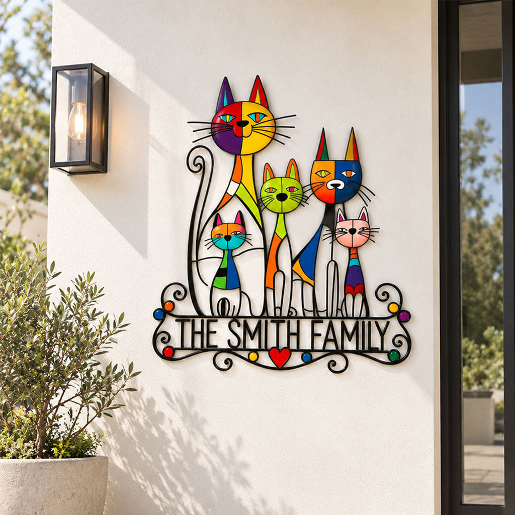 Picasso-Style Abstract Wrought Iron Cat Family Wall Art, Modern Minimalist Living Room Decor - Personalized Family Cut Metal Sign