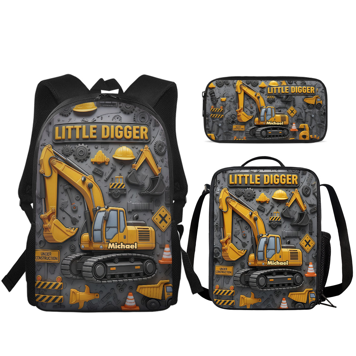 Littie Digger - Ensemble sac à dos, sac à goûter et trousse personnalisés pour enfant