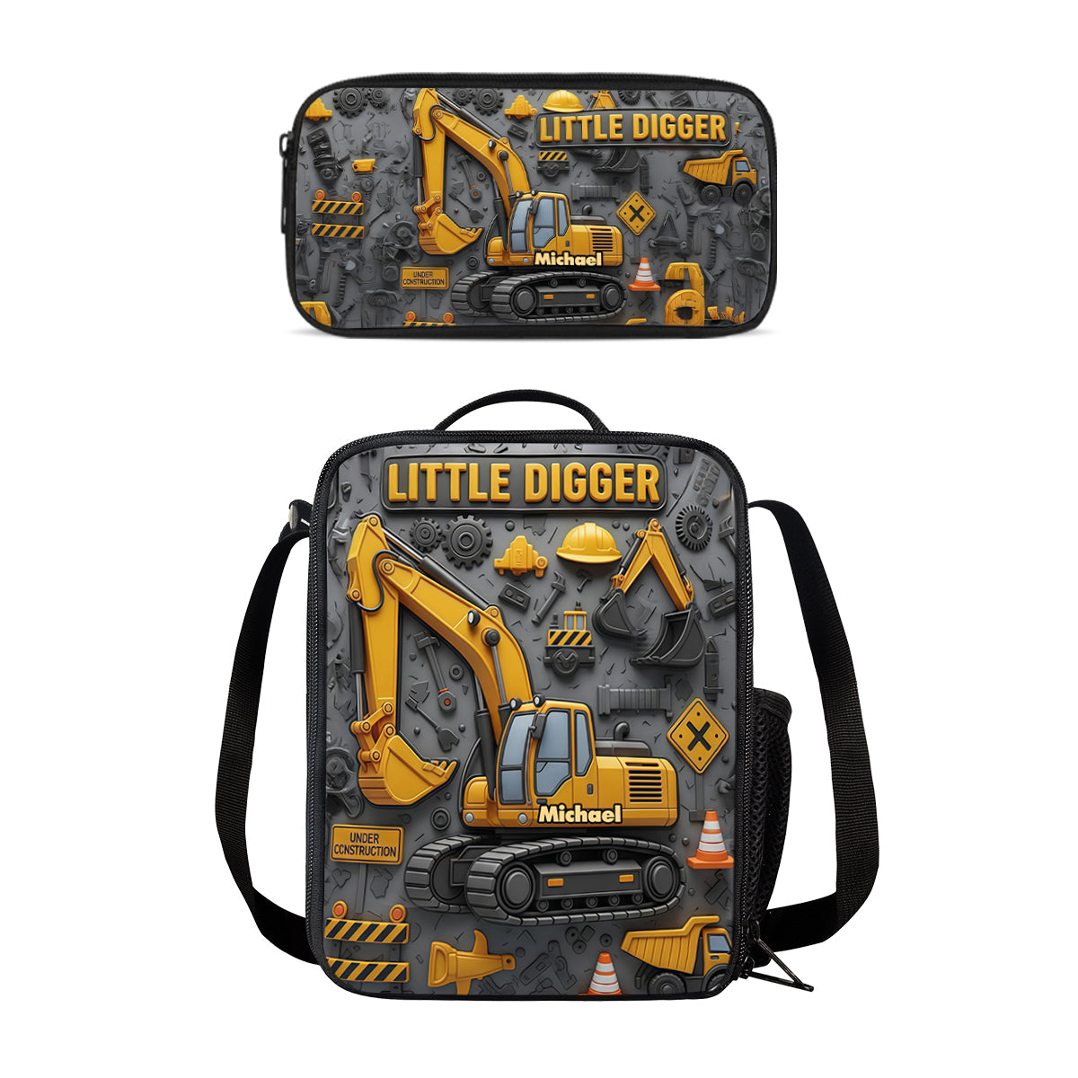 Littie Digger - Ensemble sac à dos, sac à goûter et trousse personnalisés pour enfant