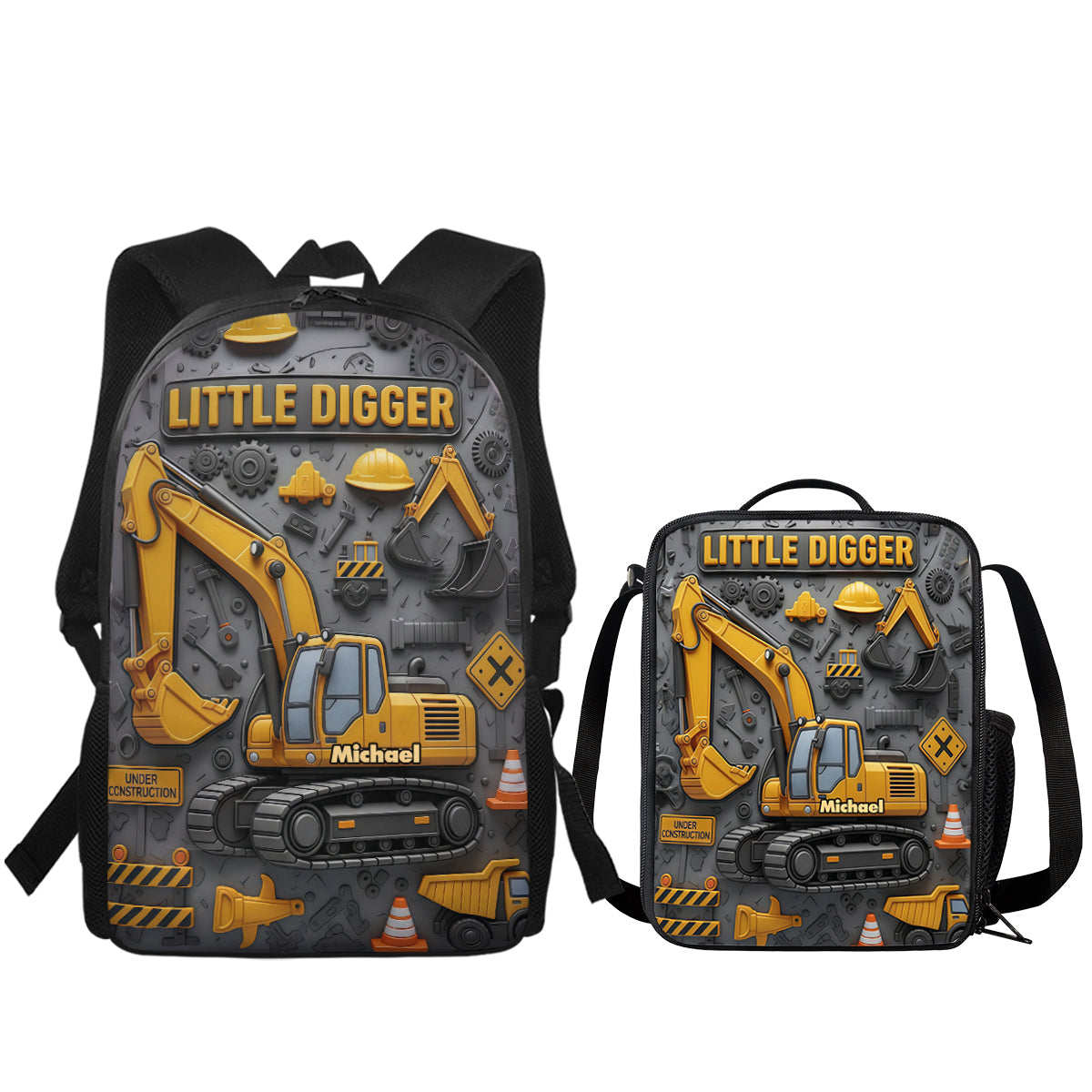 Littie Digger - Ensemble sac à dos, sac à goûter et trousse personnalisés pour enfant